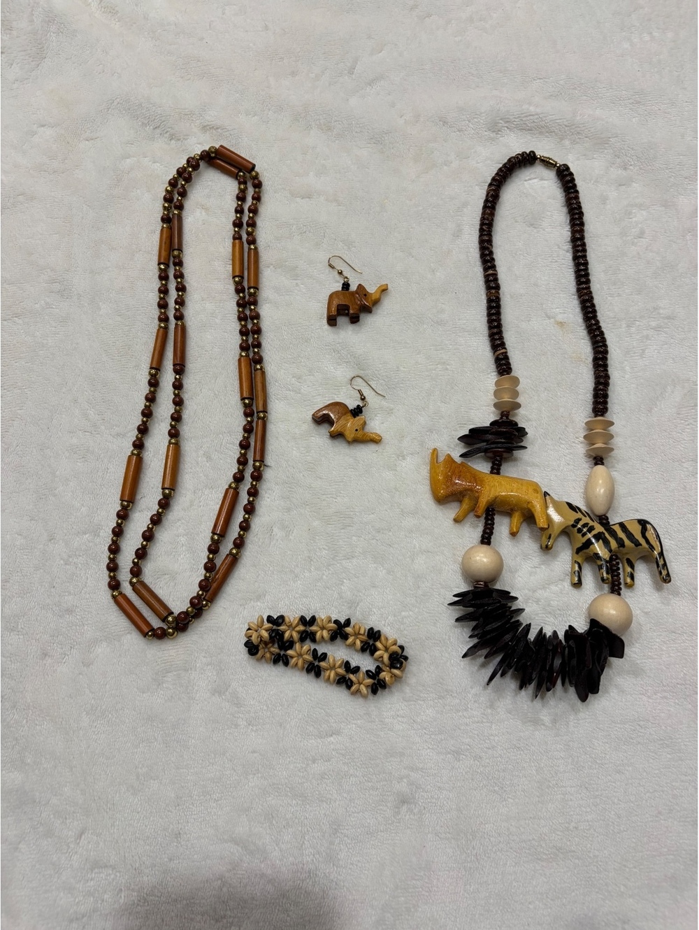 Vintage African carved wood jewelry set bracelet wood necklace earrings